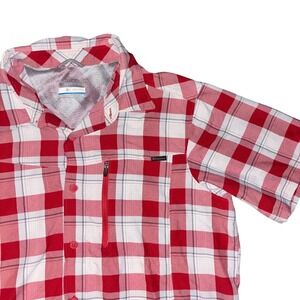 Columbia Mens Red White Plaid Short Sleeve Button Up Shirt Outdoor Hiking Size L